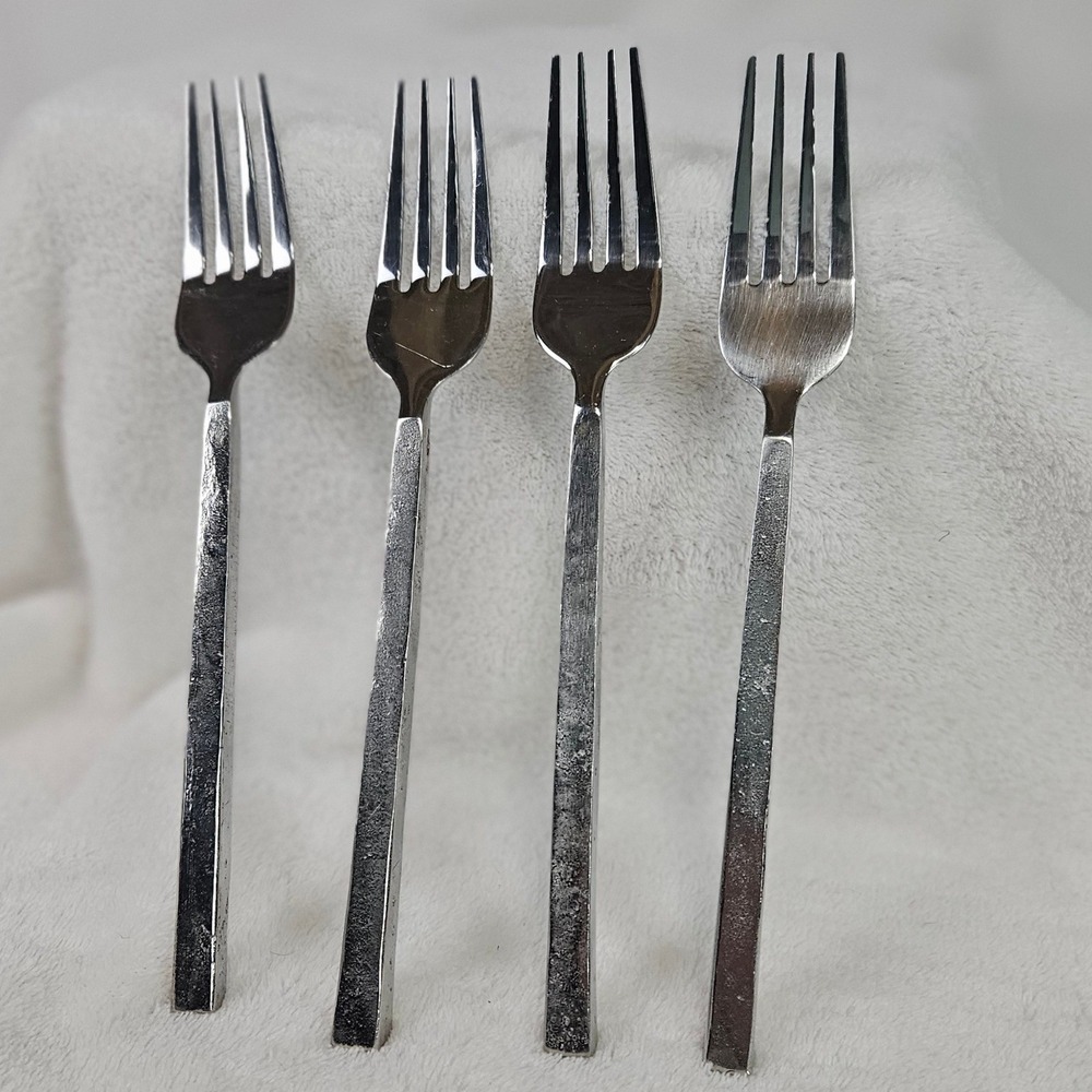 Vintage look Brutalist Textured Square Handle Stainless Steel 4 Dinner Forks 8"